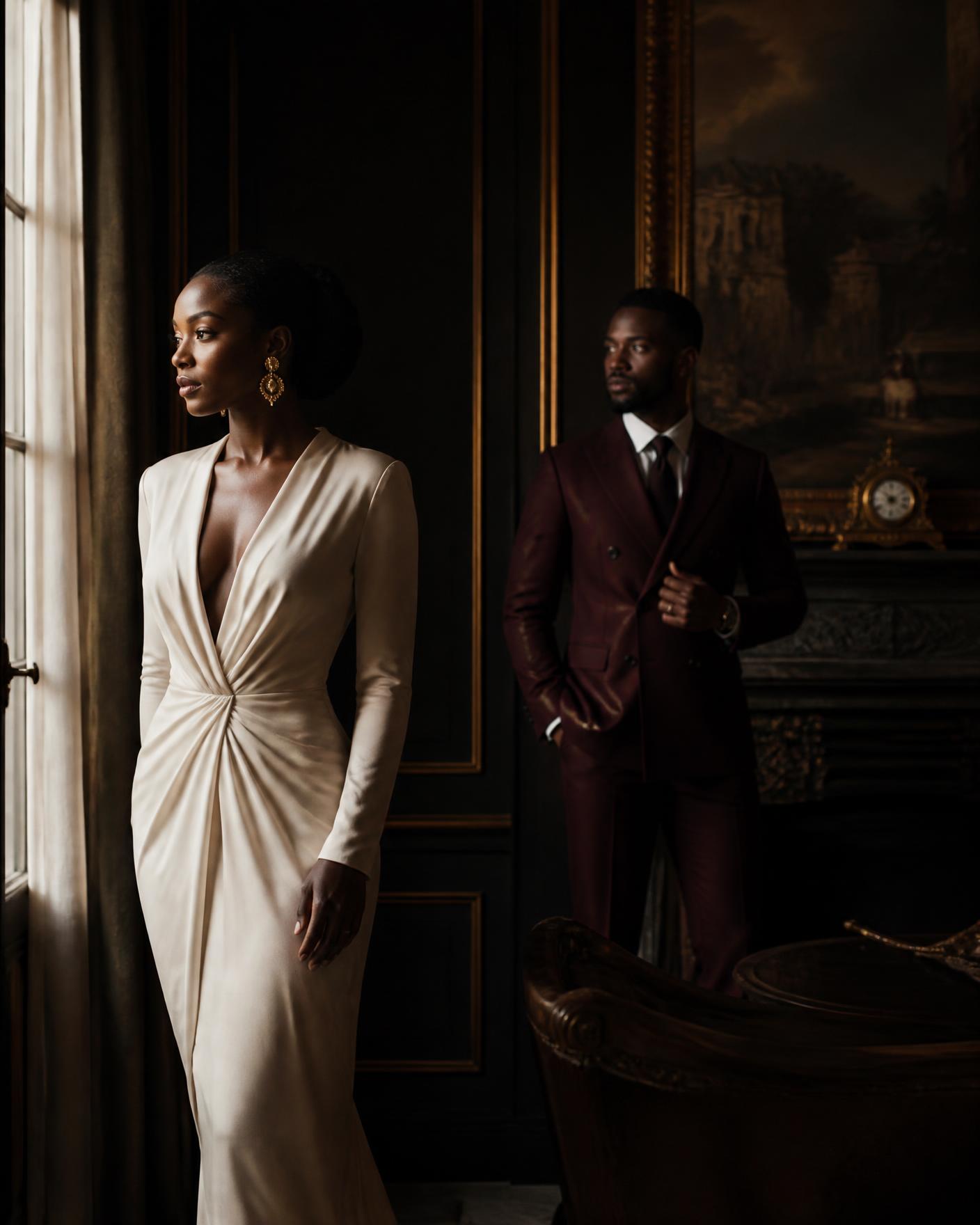 An elegantly dressed couple in a dimly lit heritage salon
